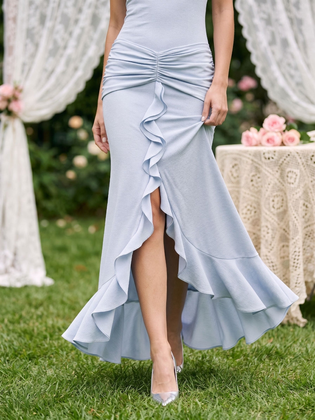Mist Stretch Knit Sheath V-Neck Back Zip Ankle-Length Evening Dress with Ruffles