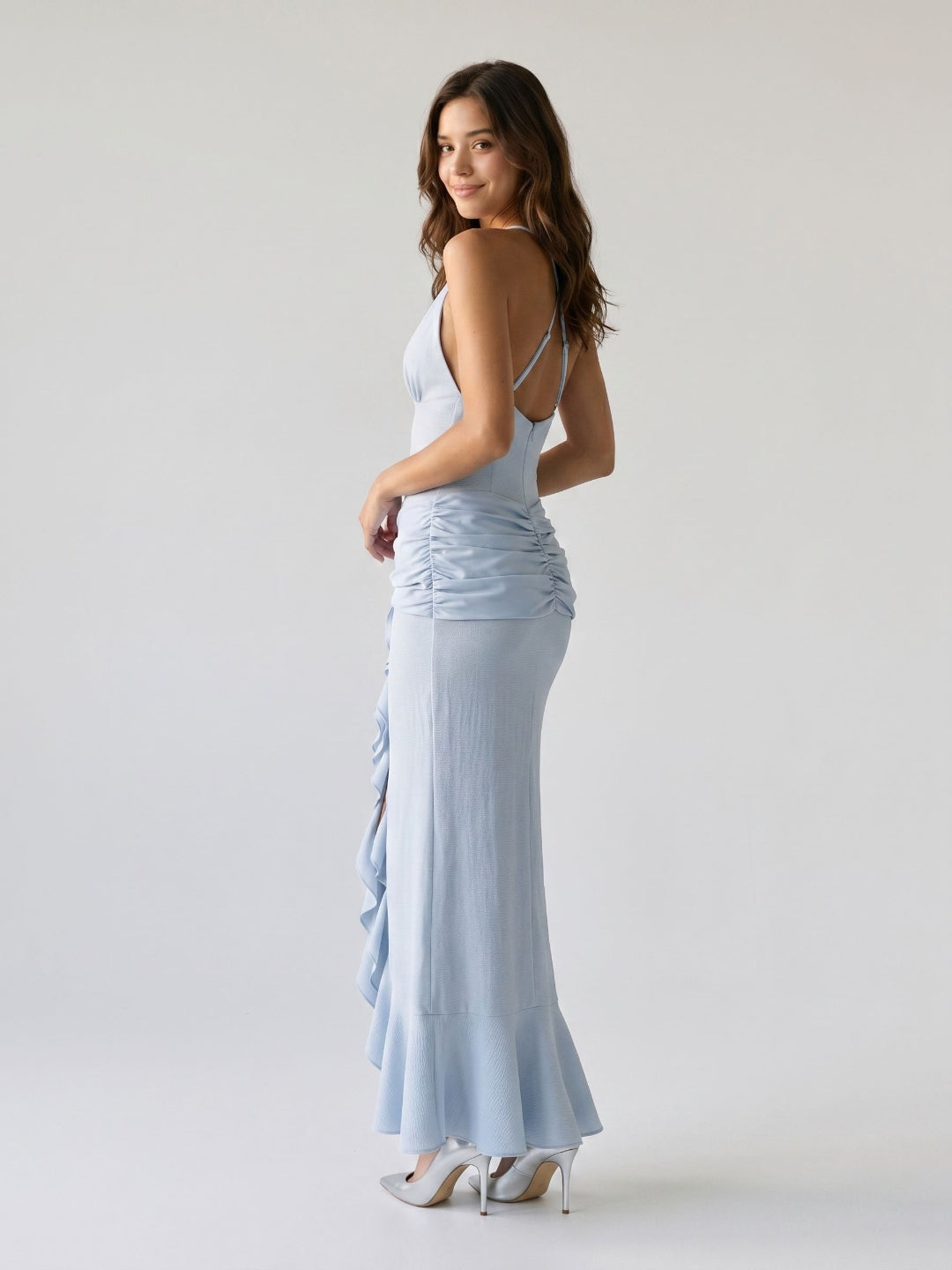 Mist Stretch Knit Sheath V-Neck Back Zip Ankle-Length Evening Dress with Ruffles