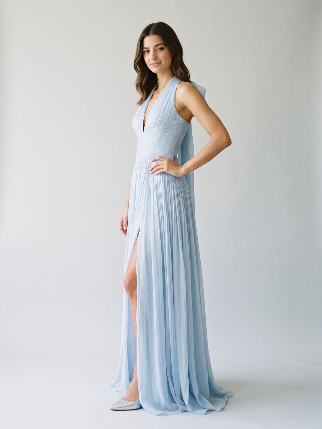 Mist Tulle A-Line Halter Neckline Lace-Up Back Floor-Length Birthday Dress with Bow