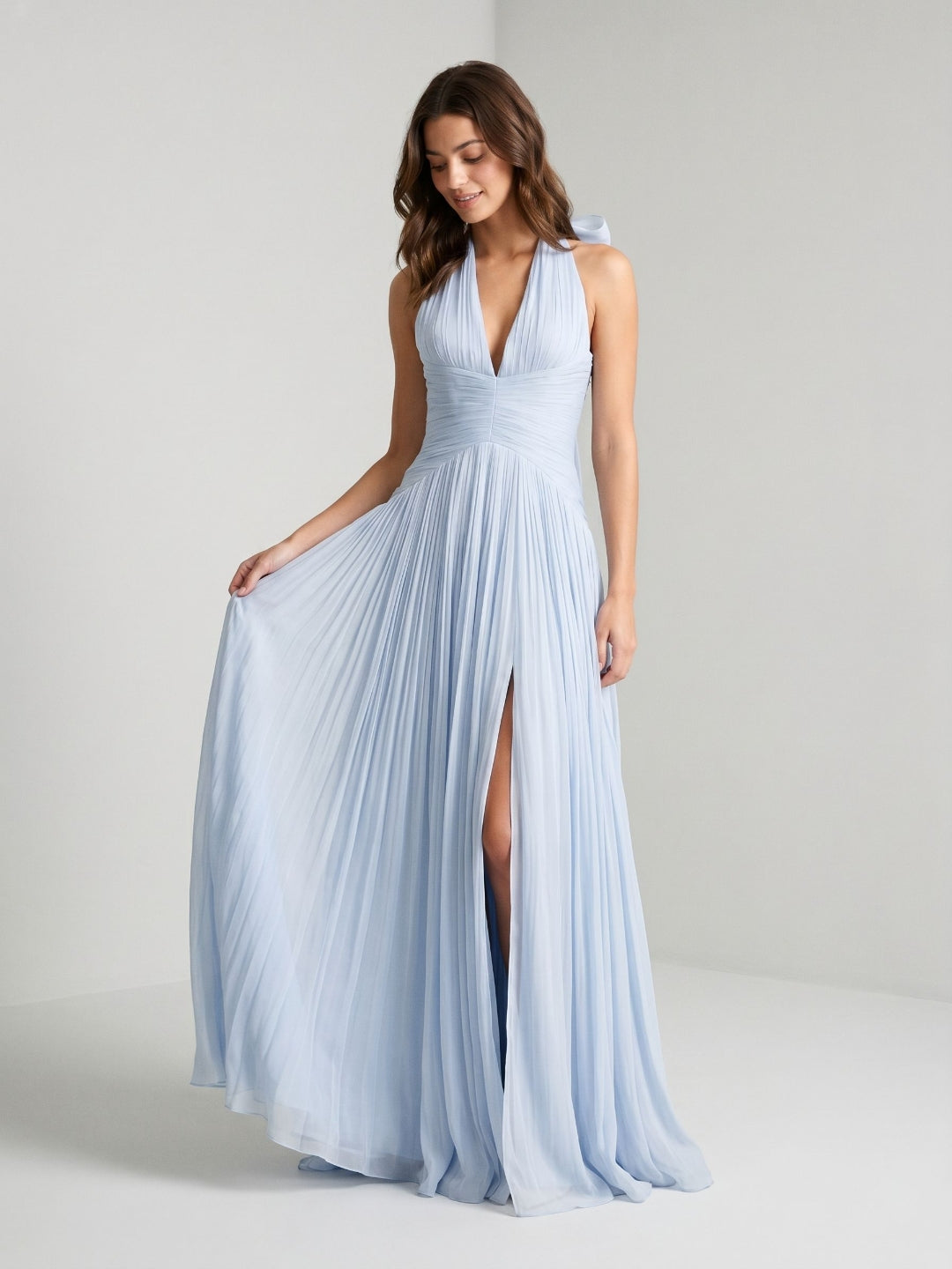 Mist Tulle A-Line Halter Neckline Lace-Up Back Floor-Length Birthday Dress with Bow