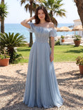 Mist Tulle A-Line Off-the-Shoulder Lace-up Floor-Length Dress