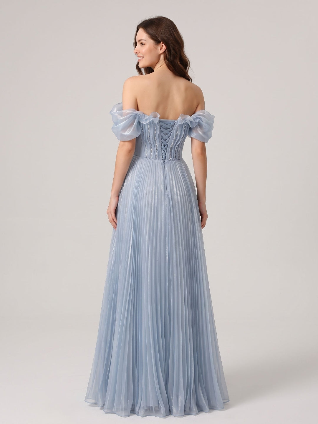 Mist Tulle A-Line Off-the-Shoulder Lace-up Floor-Length Dress