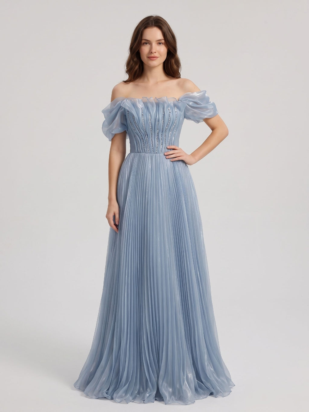 Mist Tulle A-Line Off-the-Shoulder Lace-up Floor-Length Dress
