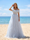 Mist Tulle A-Line Off-the-Shoulder Lace-up Floor-Length Evening Dress