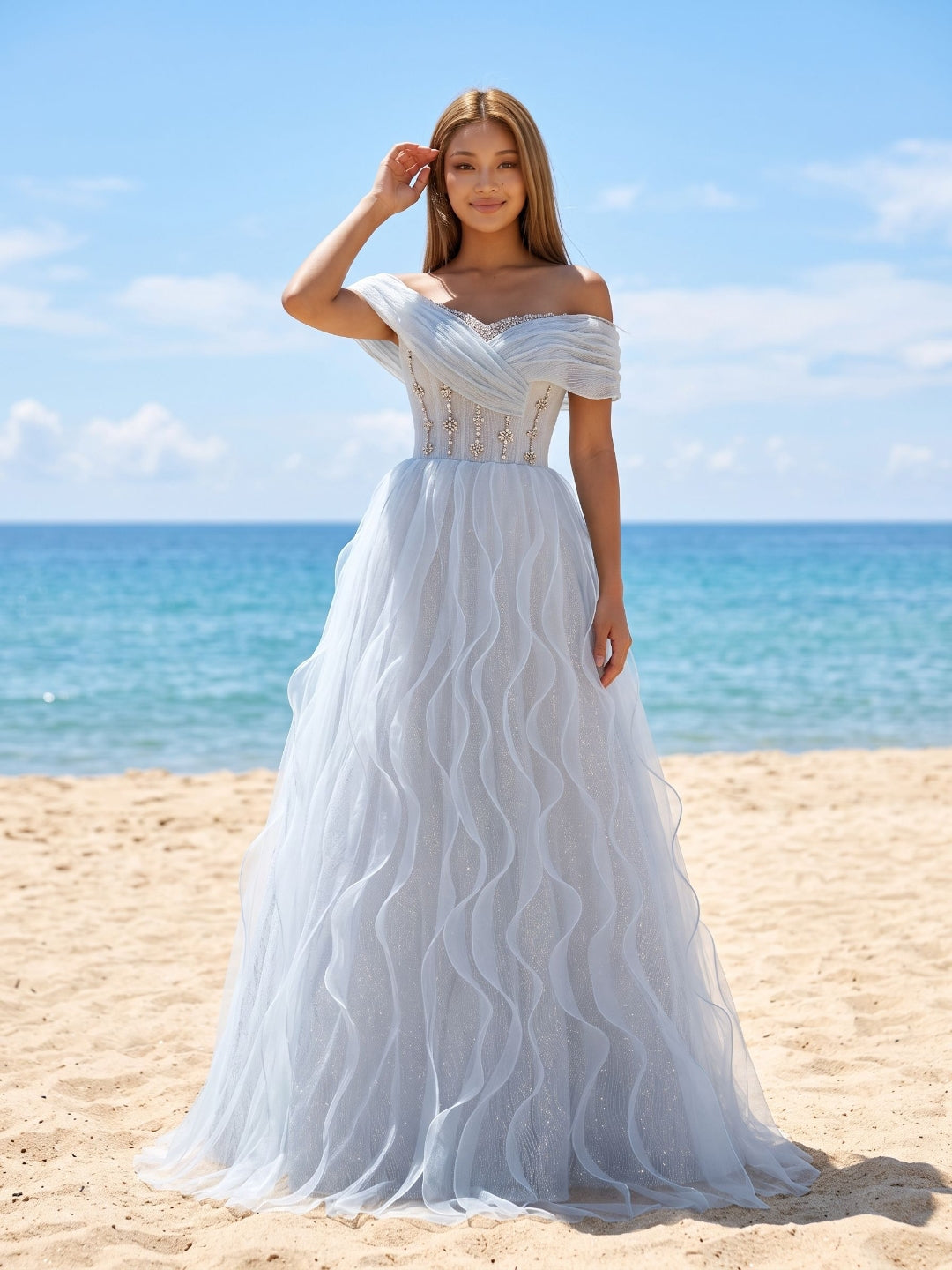 Mist Tulle A-Line Off-the-Shoulder Lace-up Floor-Length Evening Dress