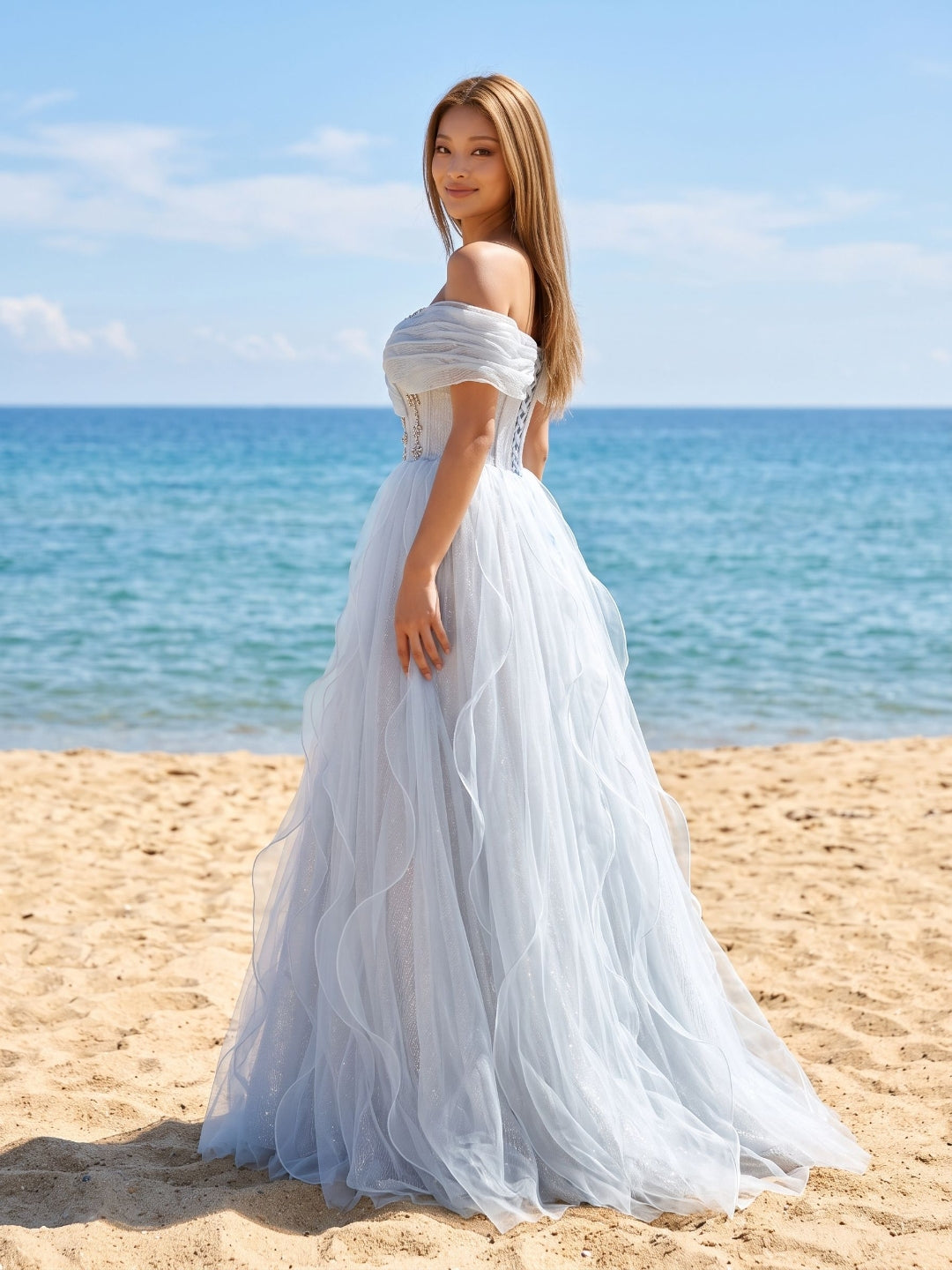 Mist Tulle A-Line Off-the-Shoulder Lace-up Floor-Length Evening Dress