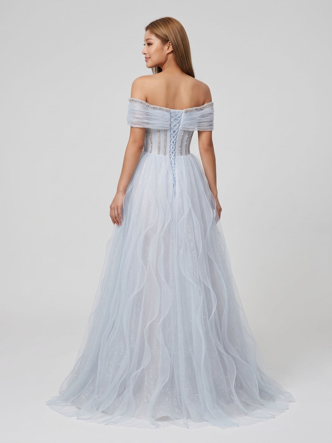 Mist Tulle A-Line Off-the-Shoulder Lace-up Floor-Length Evening Dress