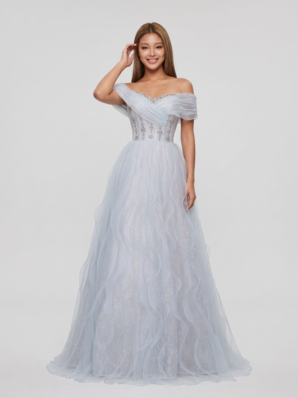 Mist Tulle A-Line Off-the-Shoulder Lace-up Floor-Length Evening Dress