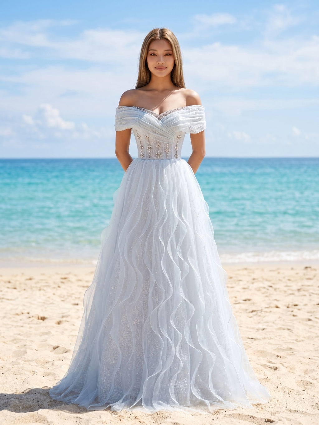 Mist Tulle A-Line Off-the-Shoulder Lace-up Floor-Length Evening Dress