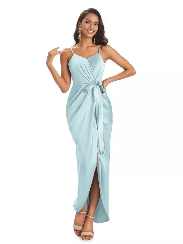 High Low Spaghetti Straps V-neck Mermaid Asymmetrical Soft Satin Bridesmaid Dresses