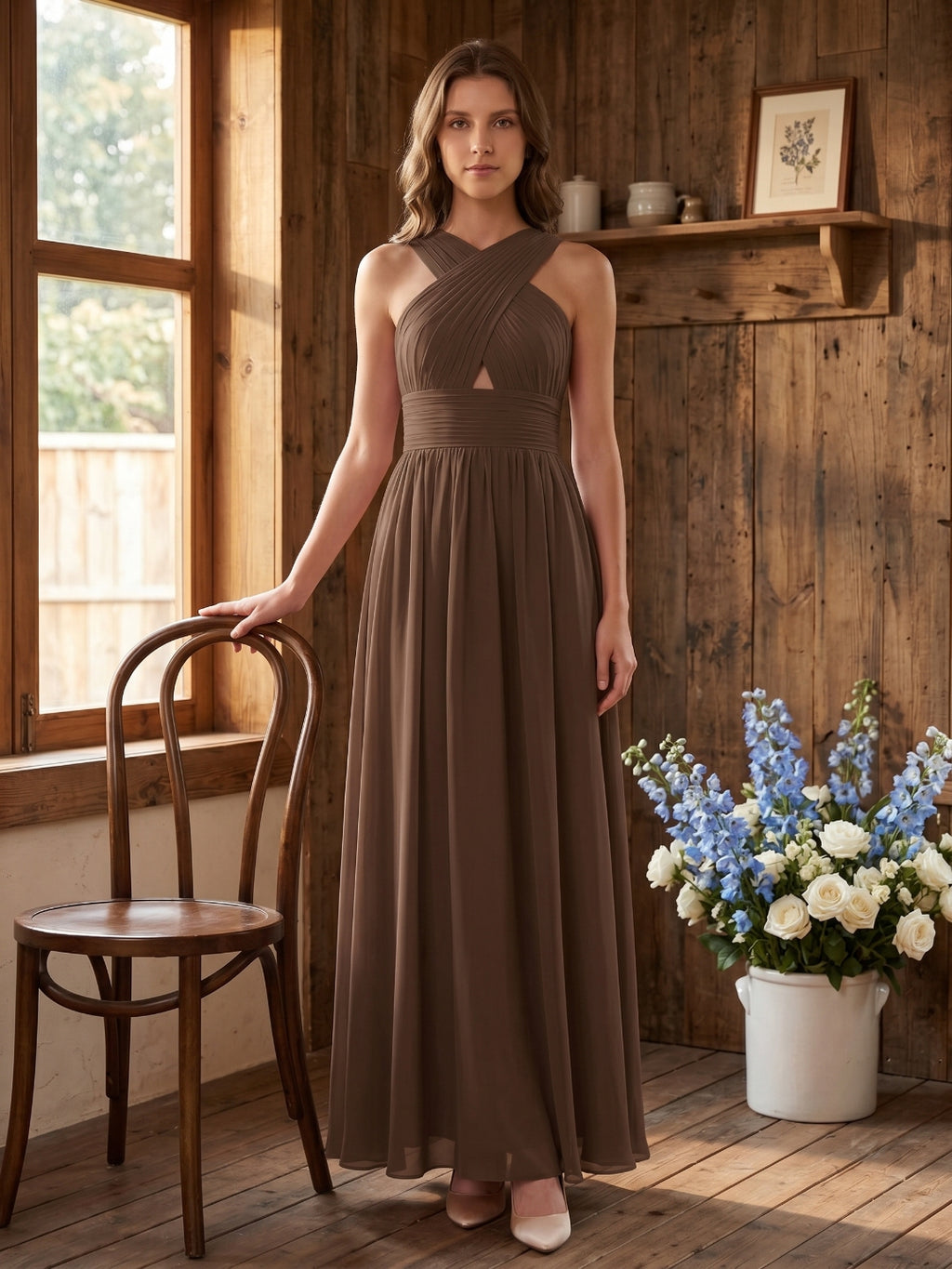 Mocha Chiffon A-Line Halter Backless Floor-Length Bridesmaid Dress