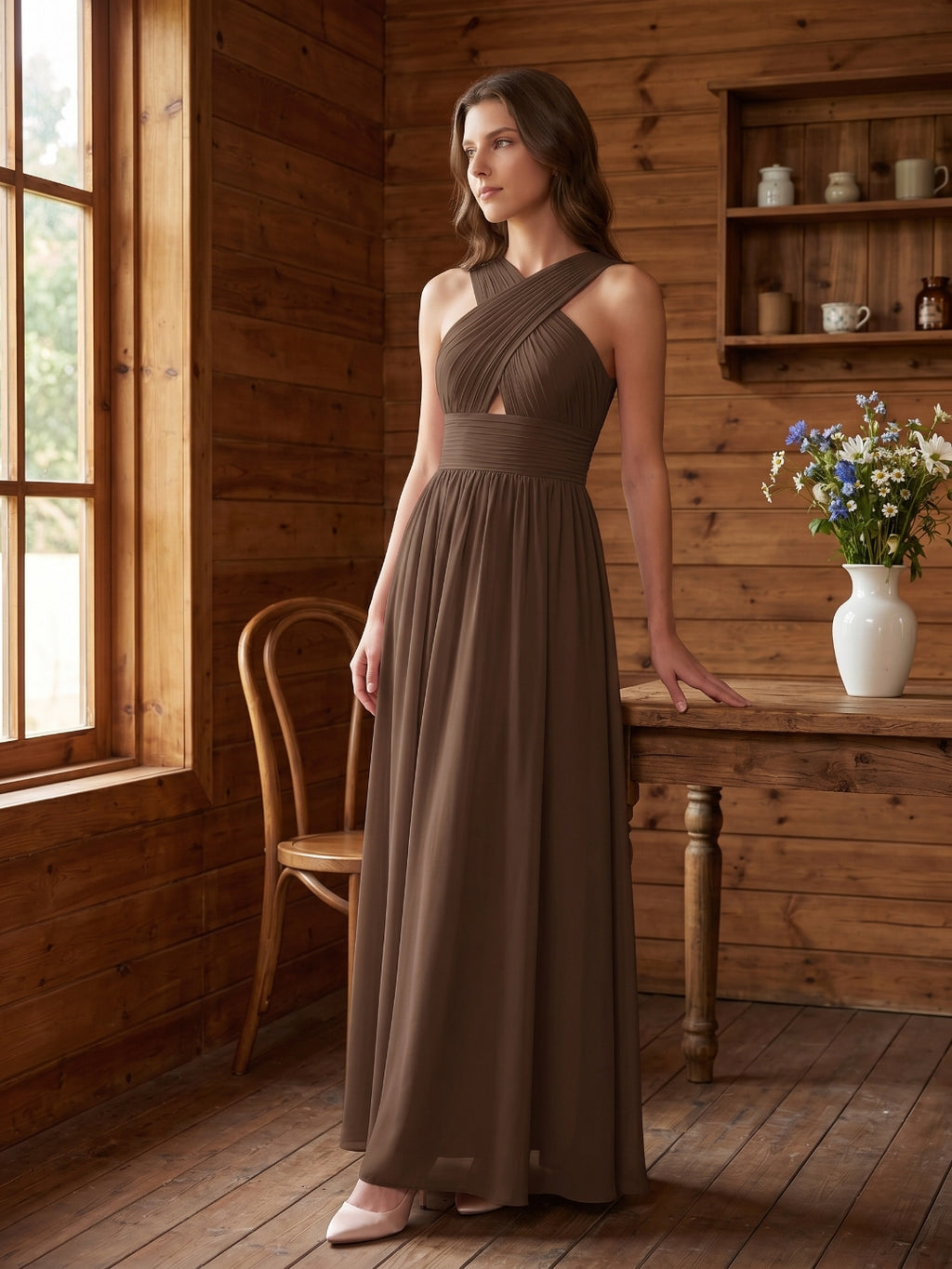 Mocha Chiffon A-Line Halter Backless Floor-Length Bridesmaid Dress