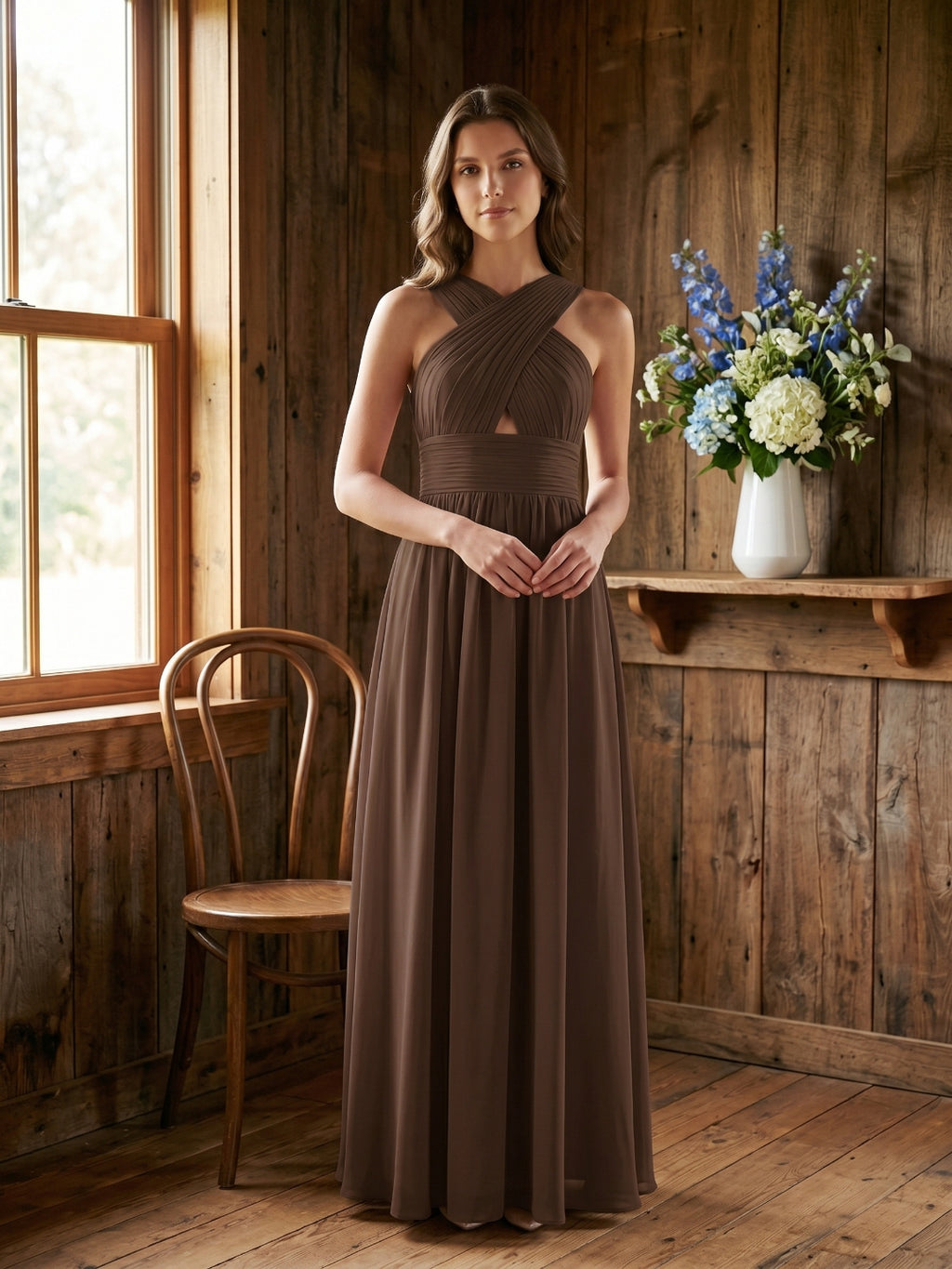 Mocha Chiffon A-Line Halter Backless Floor-Length Bridesmaid Dress