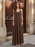 Mocha Chiffon A-Line Halter Backless Floor-Length Pleated Bridesmaid Dress
