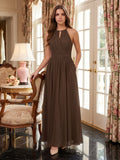Mocha Chiffon A-Line Halter Keyhole Back Floor-Length Bridesmaid Dress