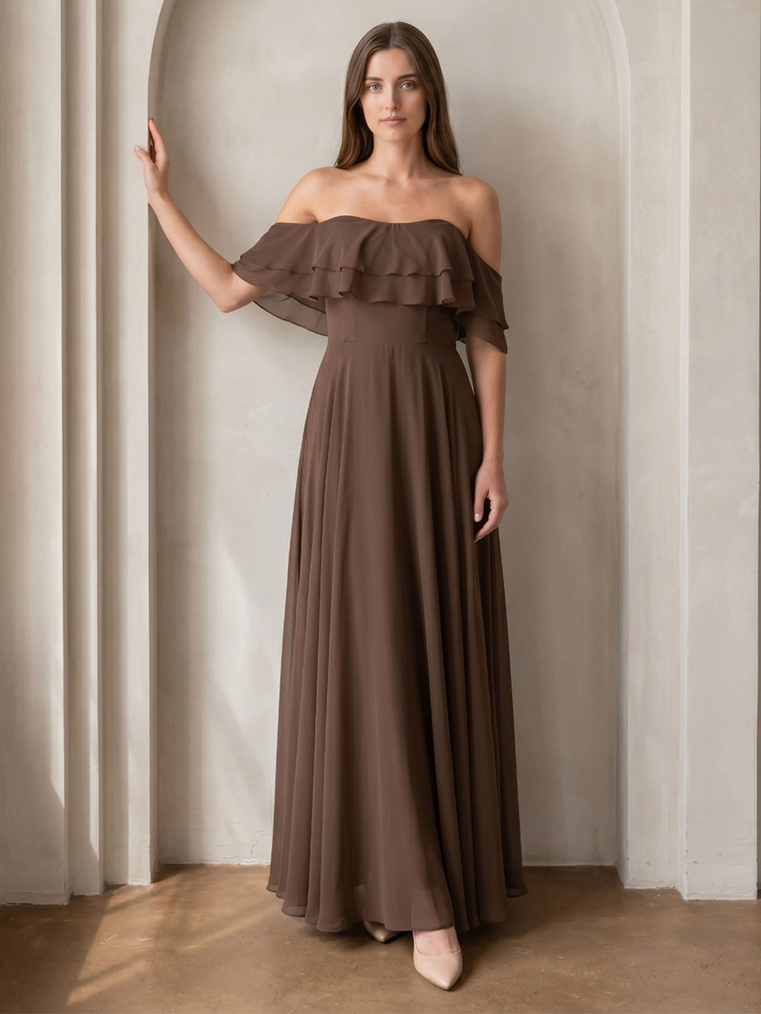 Mocha Chiffon A-Line Off-the-Shoulder Backless Floor-Length Ruffle Bridesmaid Dress
