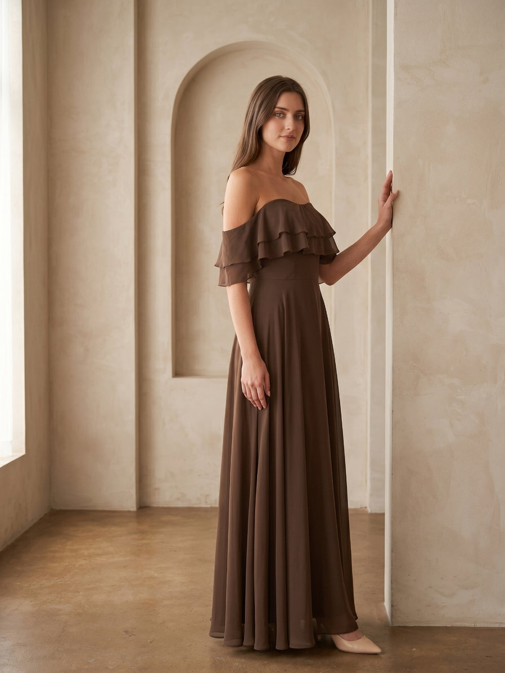 Mocha Chiffon A-Line Off-the-Shoulder Backless Floor-Length Ruffle Bridesmaid Dress