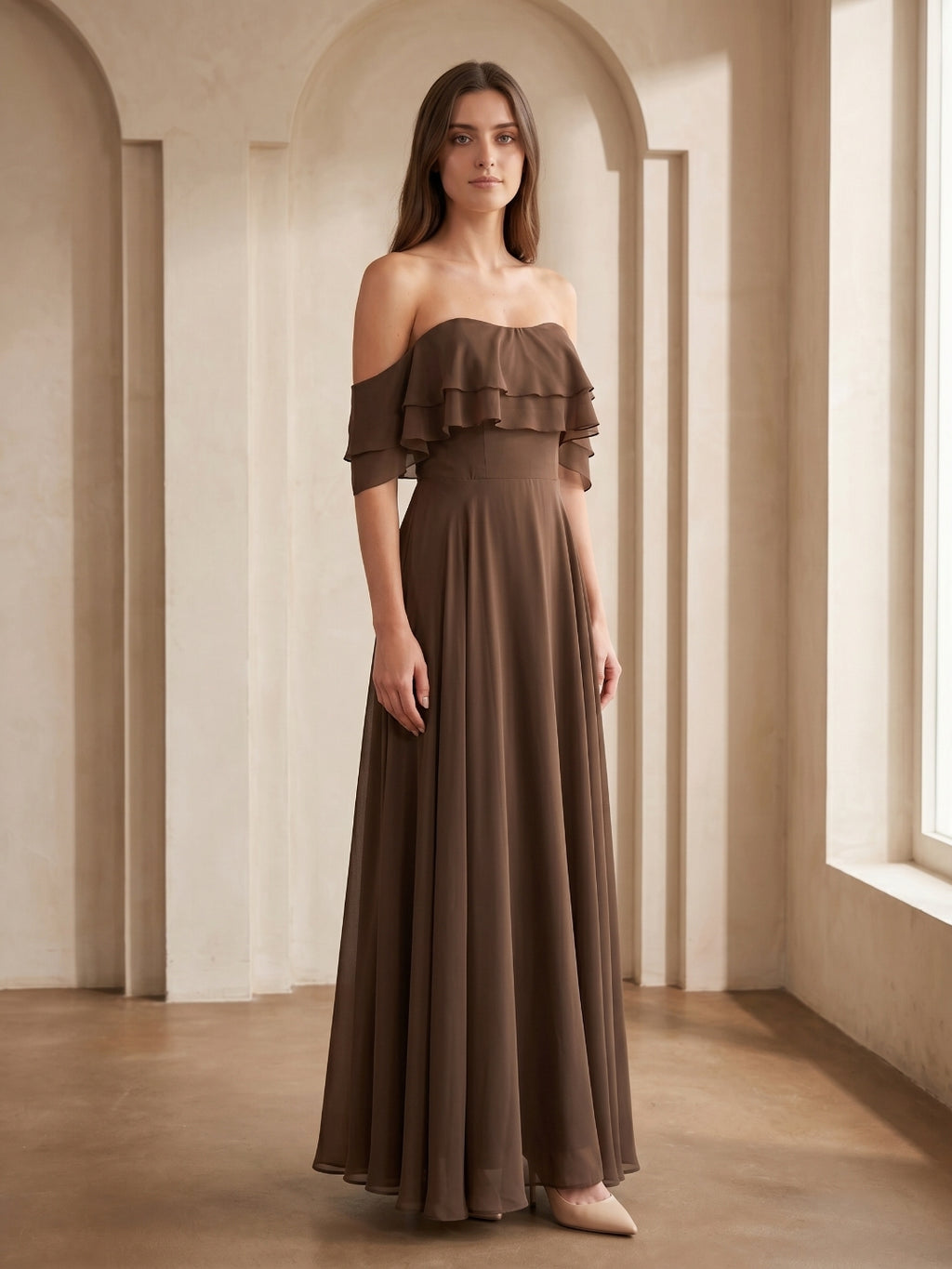 Mocha Chiffon A-Line Off-the-Shoulder Backless Floor-Length Ruffle Bridesmaid Dress