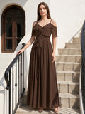 Mocha Chiffon A-Line Off-the-Shoulder V-Back Floor-Length Ruffle Bridesmaid Dress