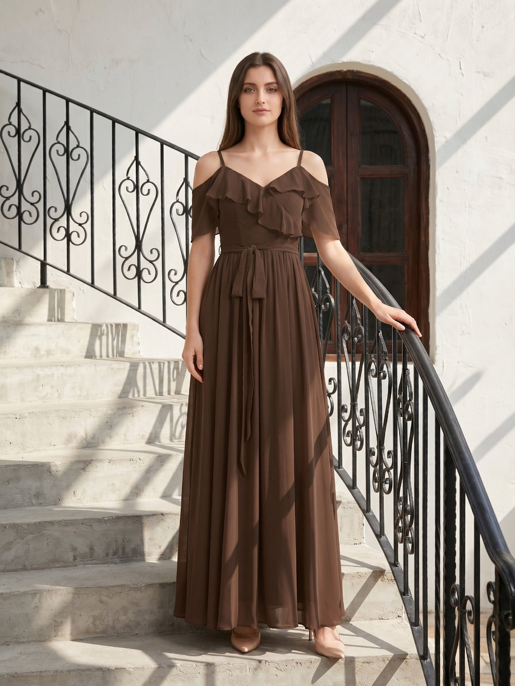 Mocha Chiffon A-Line Off-the-Shoulder V-Back Floor-Length Ruffle Bridesmaid Dress
