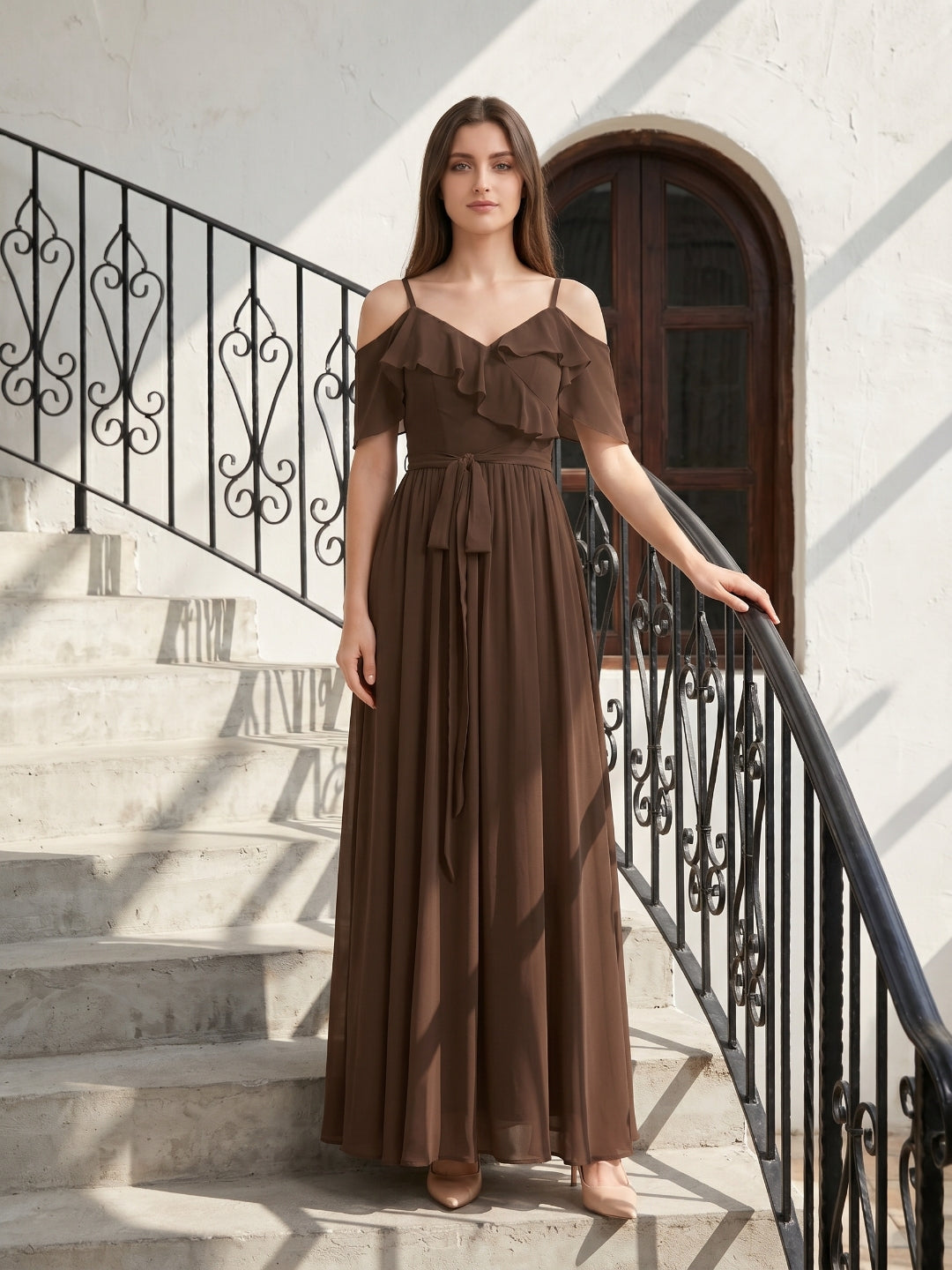 Mocha Chiffon A-Line Off-the-Shoulder V-Back Floor-Length Ruffle Bridesmaid Dress