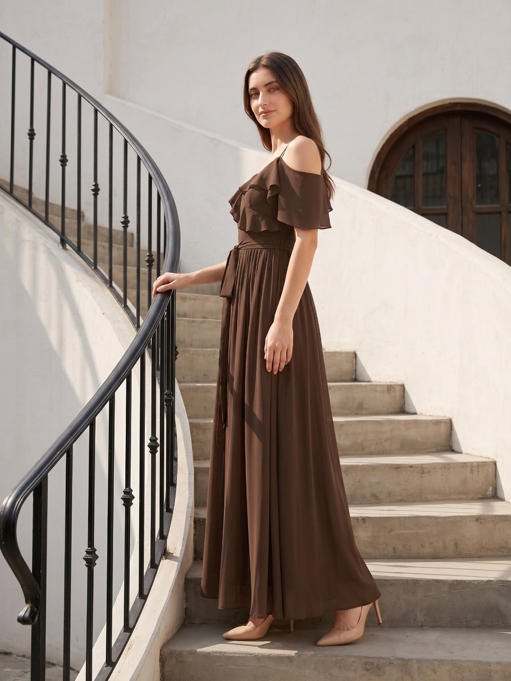 Mocha Chiffon A-Line Off-the-Shoulder V-Back Floor-Length Ruffle Bridesmaid Dress