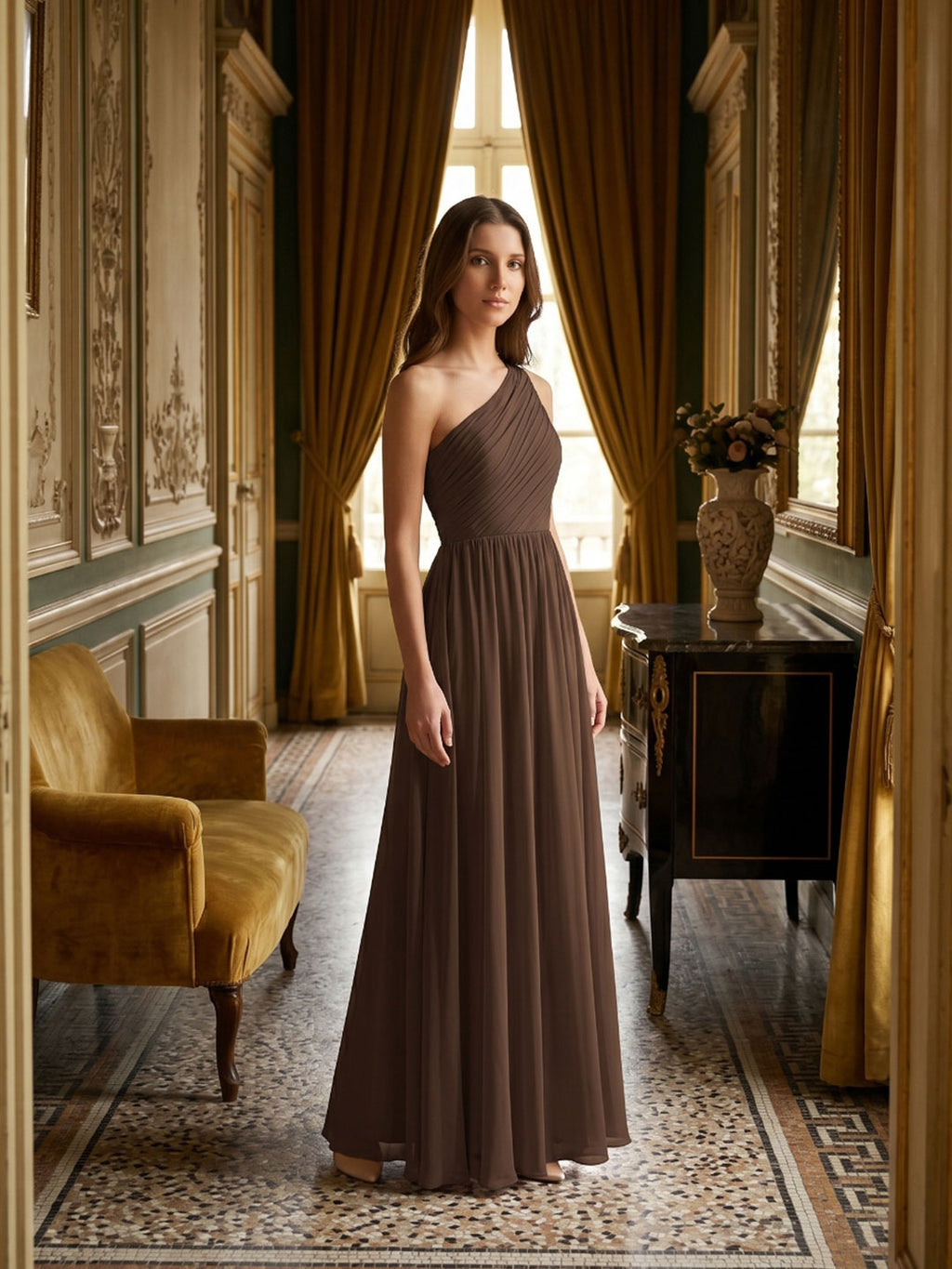 Mocha Chiffon A-Line One Shoulder Back Zip Floor-Length Pleated Bridesmaid Dress