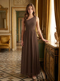 Mocha Chiffon A-Line One Shoulder Back Zip Floor-Length Pleated Bridesmaid Dress