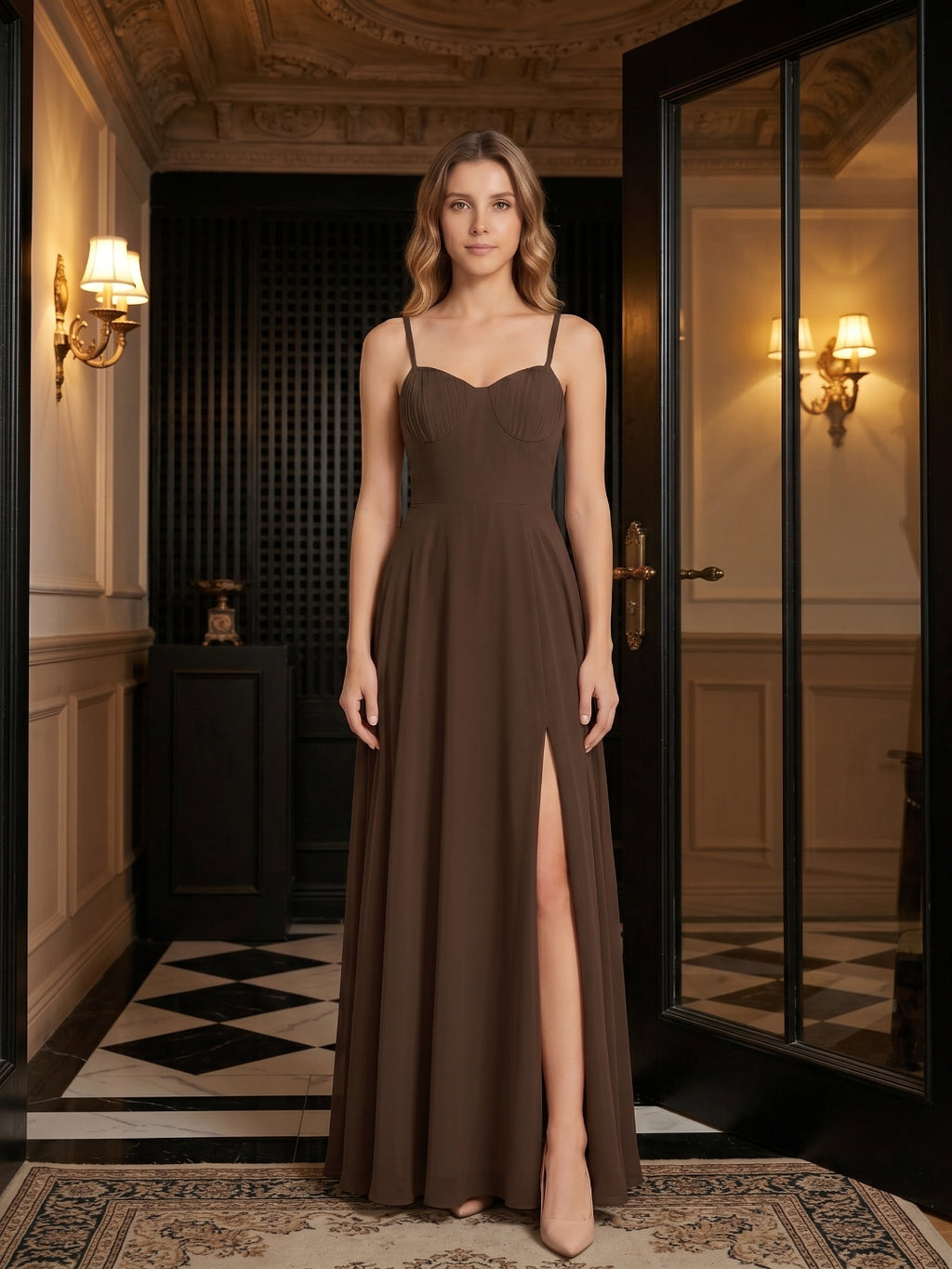 Mocha Chiffon A-Line Sweetheart Backless Ankle-Length Bridesmaid Dress