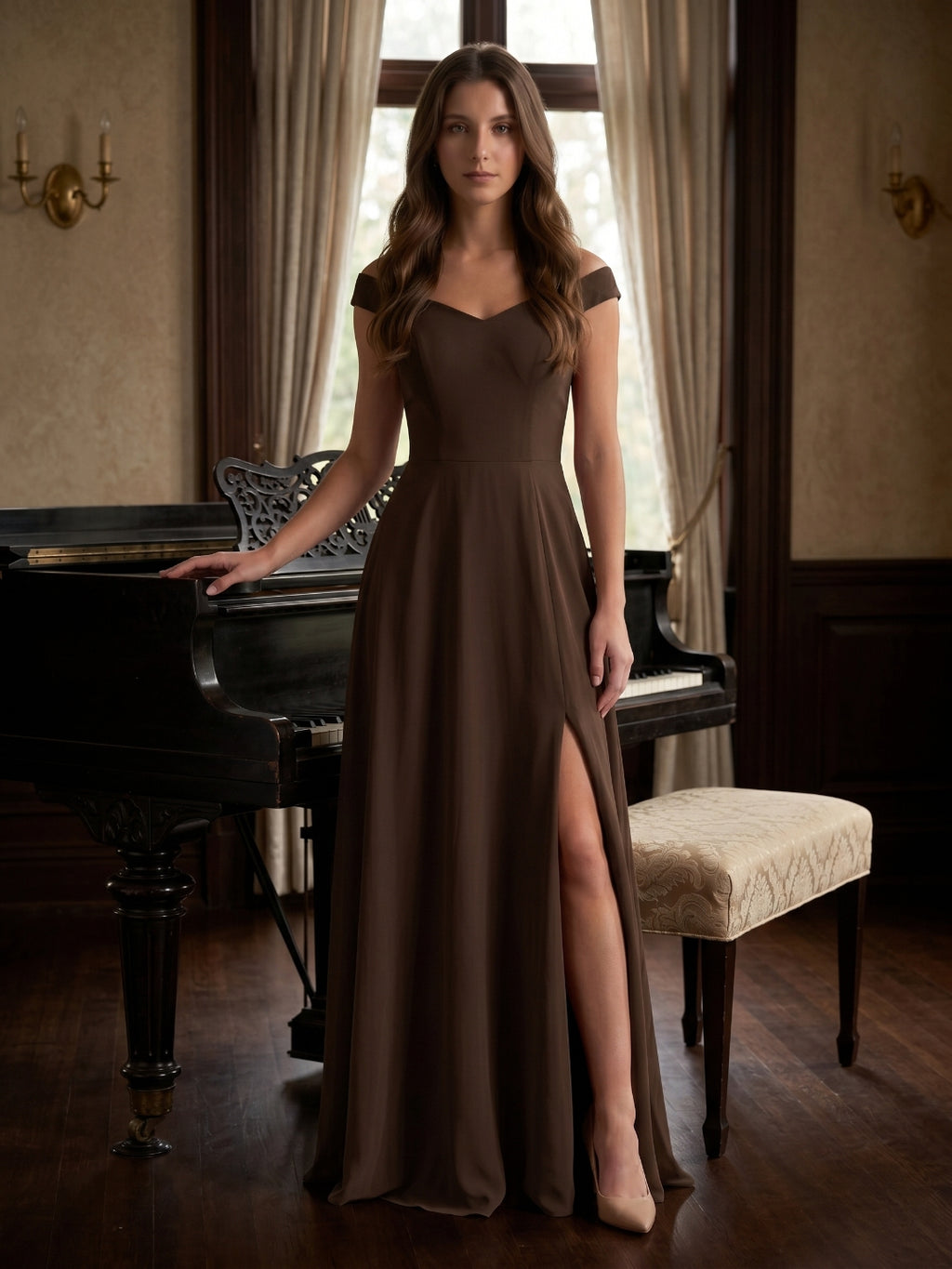 Mocha Chiffon A-Line Sweetheart V-Back Floor-Length Bridesmaid Dress