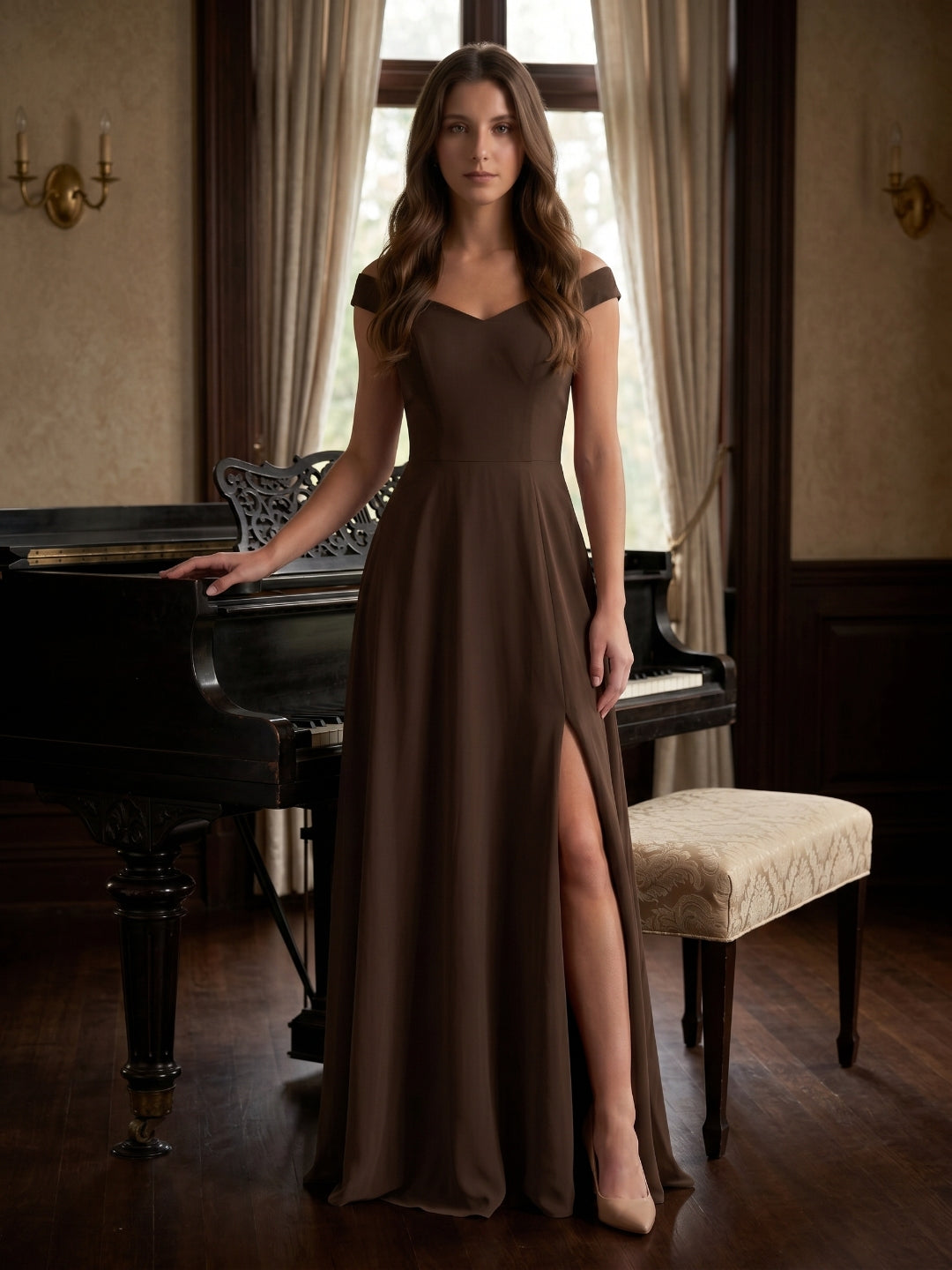 Mocha Chiffon A-Line Sweetheart V-Back Floor-Length Bridesmaid Dress