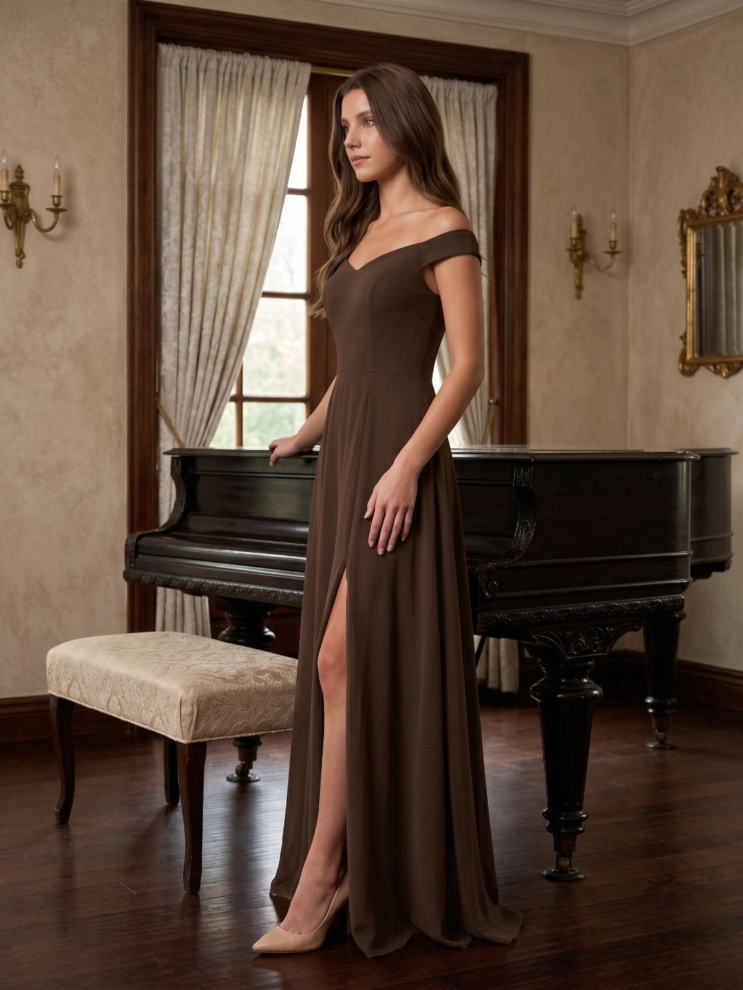 Mocha Chiffon A-Line Sweetheart V-Back Floor-Length Bridesmaid Dress