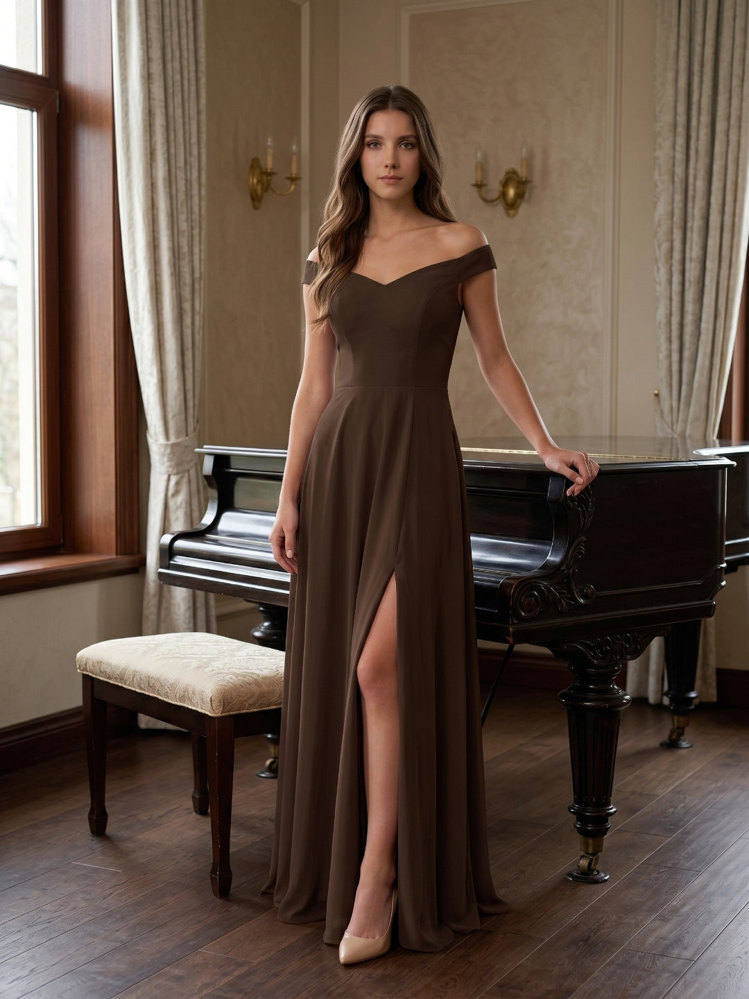 Mocha Chiffon A-Line Sweetheart V-Back Floor-Length Bridesmaid Dress