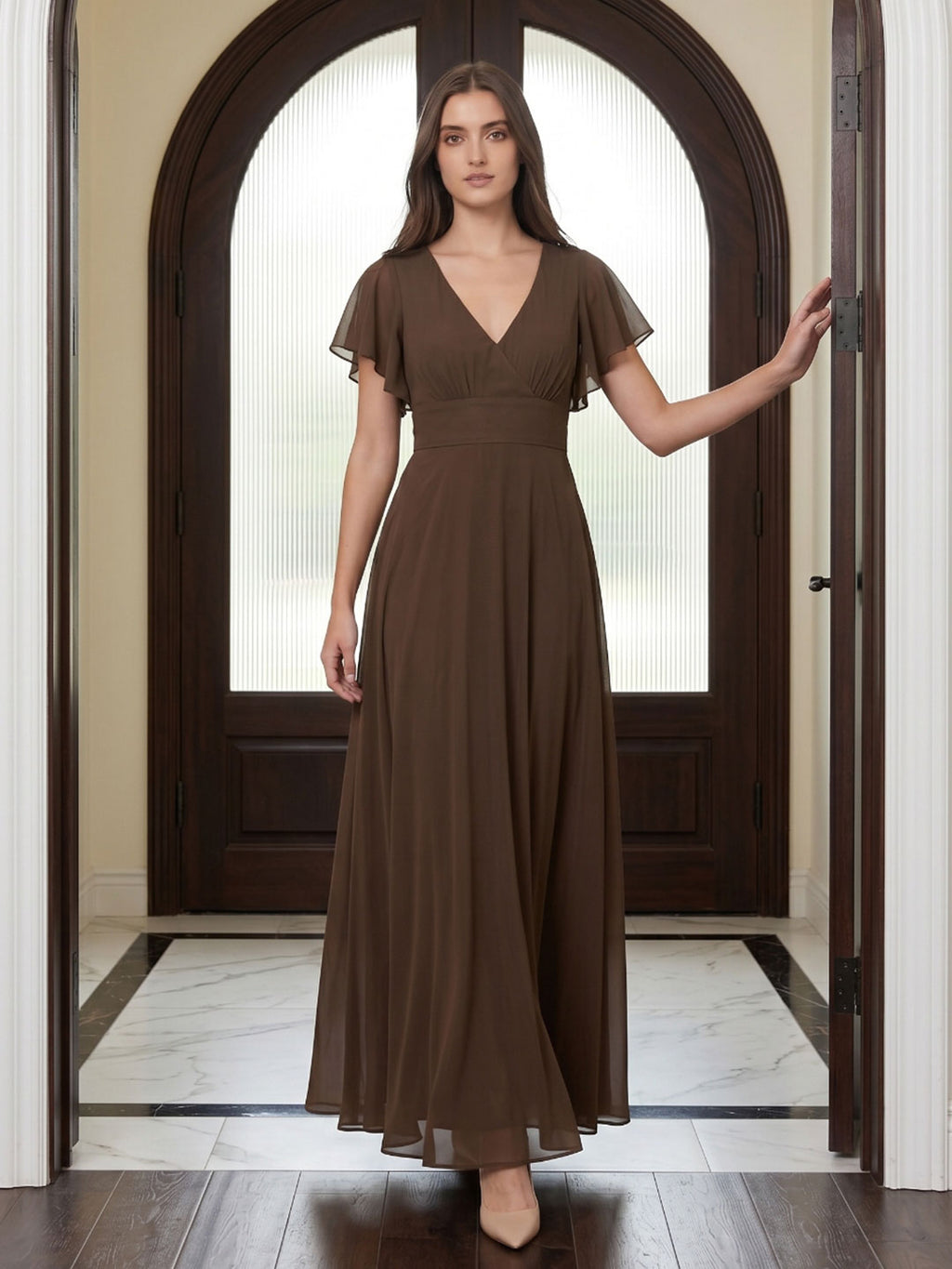 Mocha Chiffon A-Line V-Neck Back Zip Floor-Length Ruffle Bridesmaid Dress