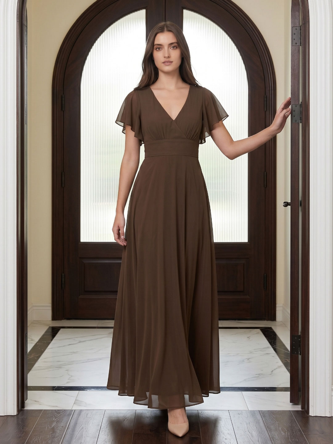 Mocha Chiffon A-Line V-Neck Back Zip Floor-Length Ruffle Bridesmaid Dress