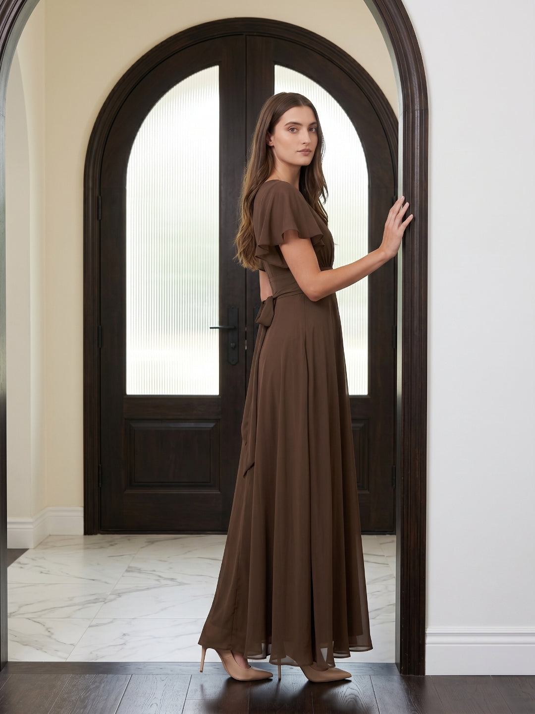 Mocha Chiffon A-Line V-Neck Back Zip Floor-Length Ruffle Bridesmaid Dress