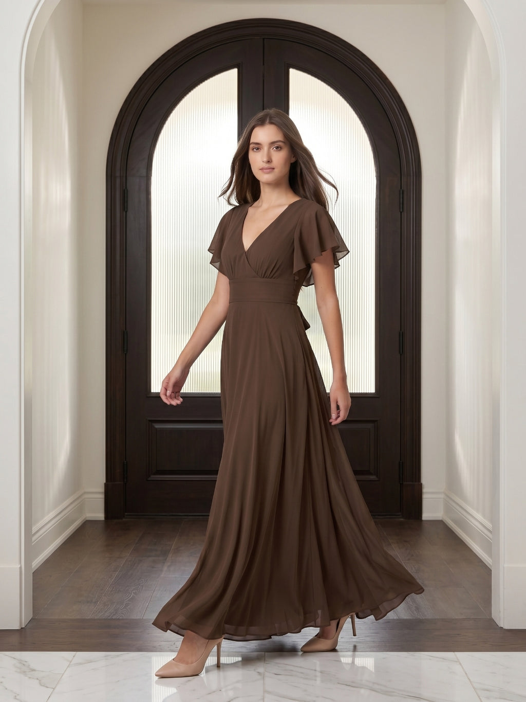 Mocha Chiffon A-Line V-Neck Back Zip Floor-Length Ruffle Bridesmaid Dress