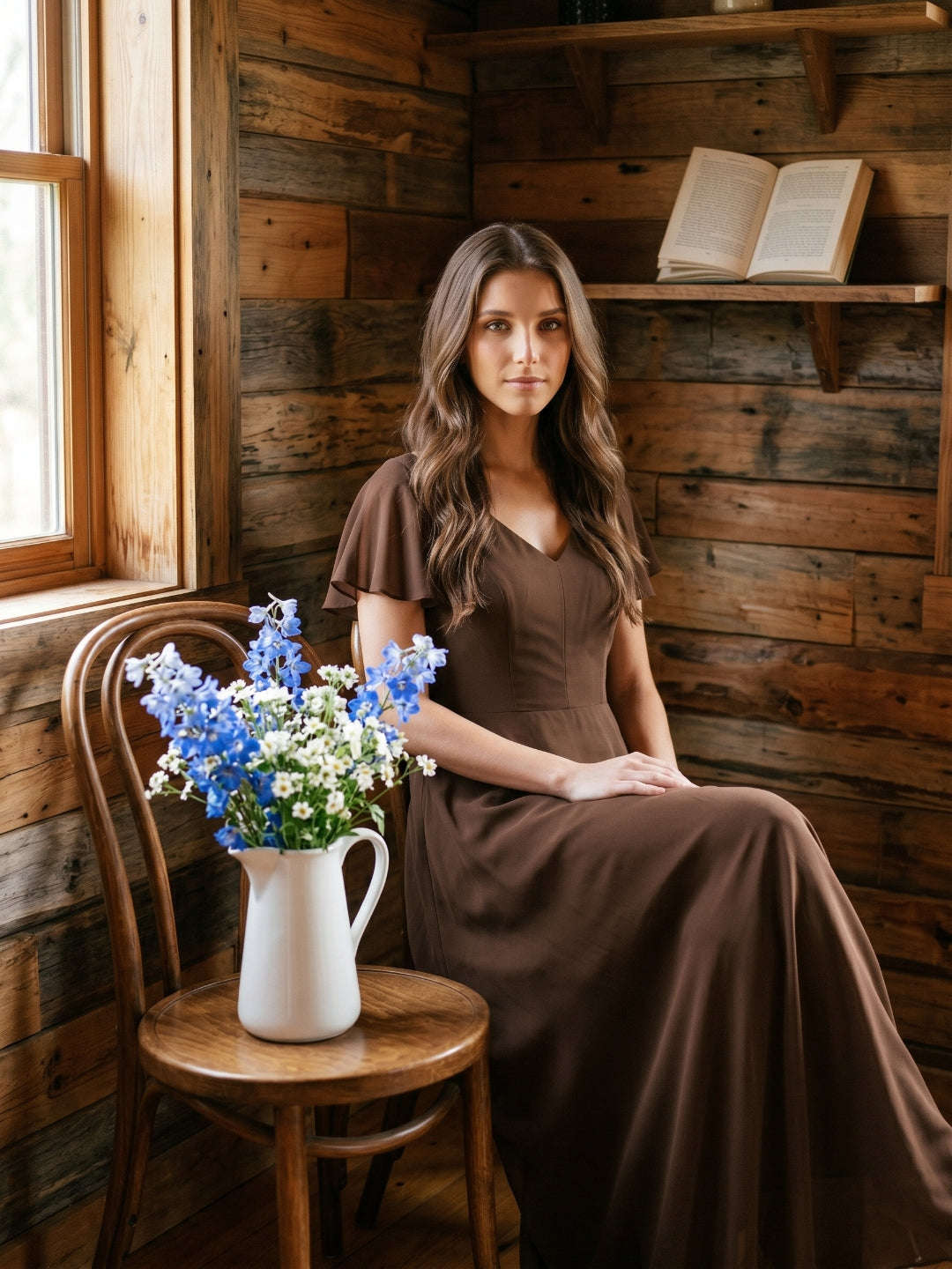 Mocha Chiffon A-Line V-Neck Keyhole Back Floor-Length Bridesmaid Dress