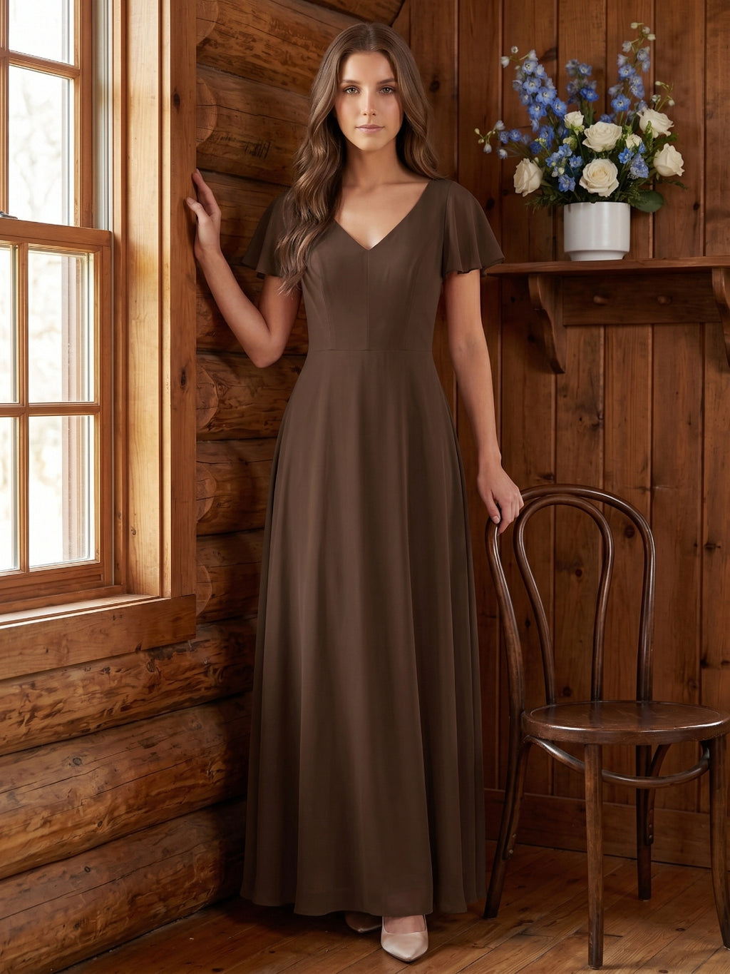 Mocha Chiffon A-Line V-Neck Keyhole Back Floor-Length Bridesmaid Dress