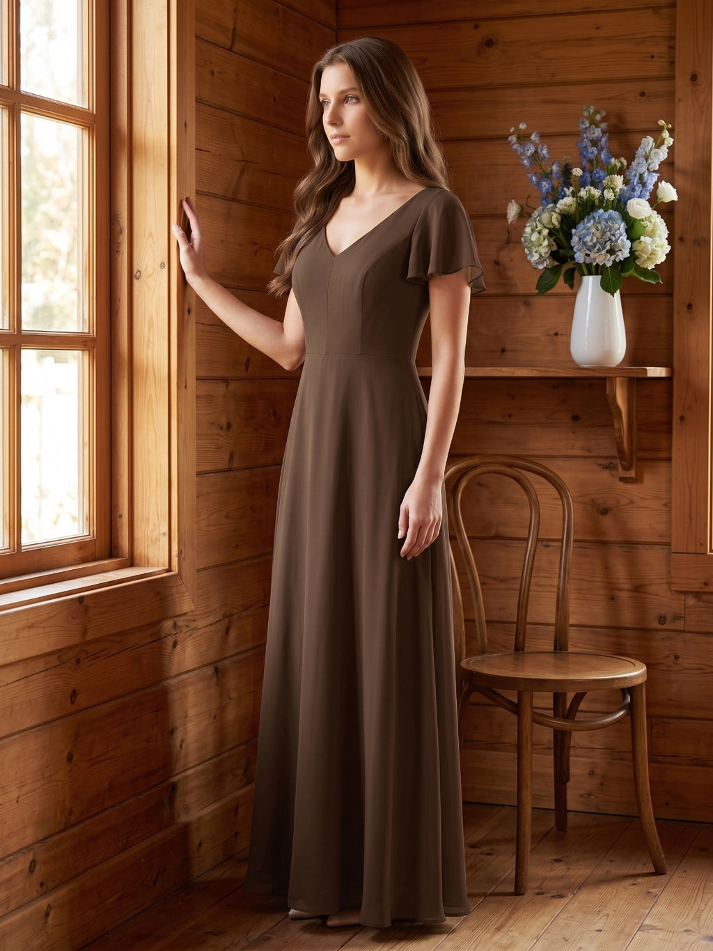 Mocha Chiffon A-Line V-Neck Keyhole Back Floor-Length Bridesmaid Dress
