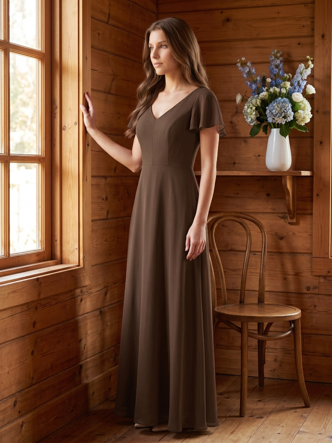 Mocha Chiffon A-Line V-Neck Keyhole Back Floor-Length Bridesmaid Dress