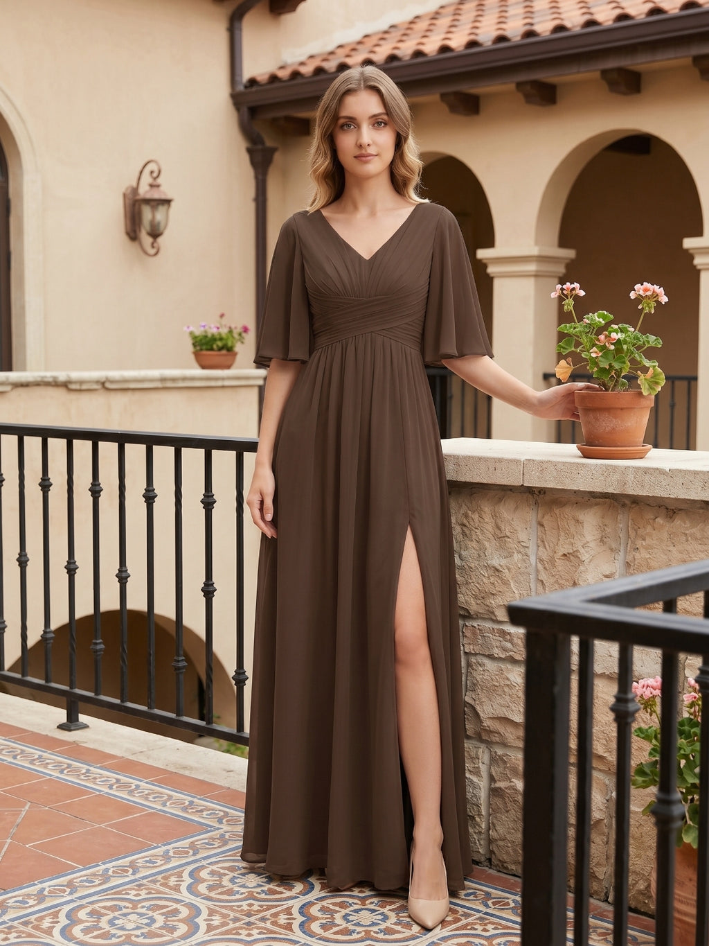 Mocha Chiffon A-Line V-Neck V-Back Ankle-Length Bridesmaid Dress