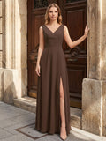 Mocha Chiffon A-Line V-Neck V-Back Ankle-Length Bridesmaid Dress with Bow
