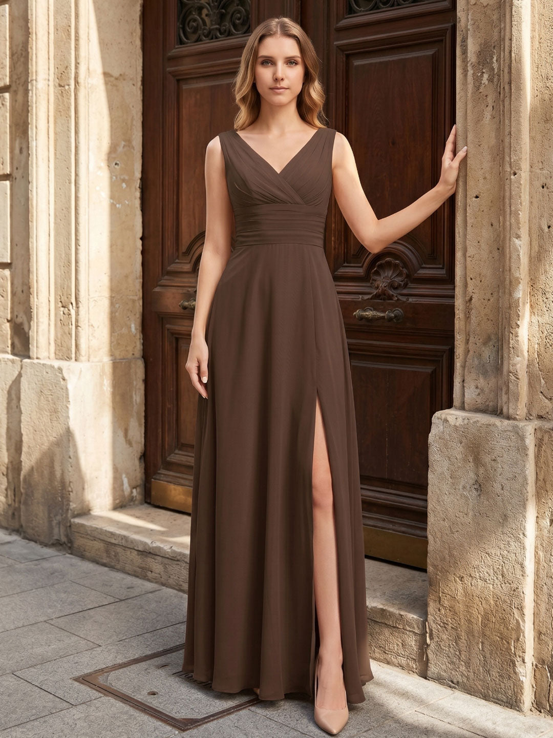 Mocha Chiffon A-Line V-Neck V-Back Ankle-Length Bridesmaid Dress with Bow