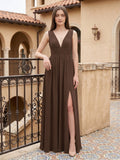 Mocha Chiffon A-Line V-Neck V-Back Ankle-Length Pleated Bridesmaid Dress