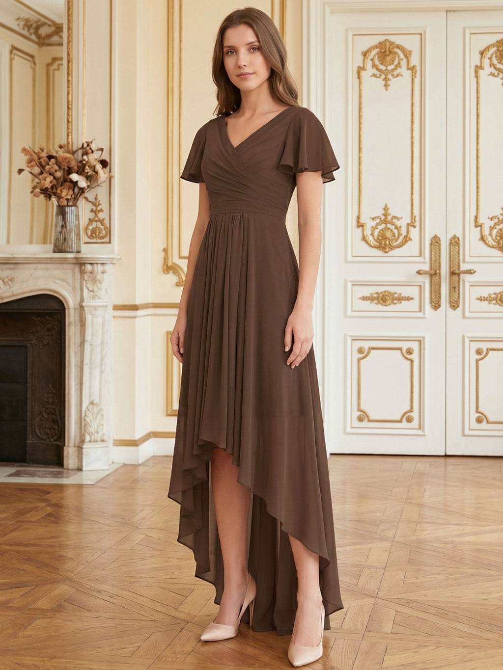 Mocha Chiffon A-Line V-Neck V-Back Asymmetrical Pleated Bridesmaid Dress