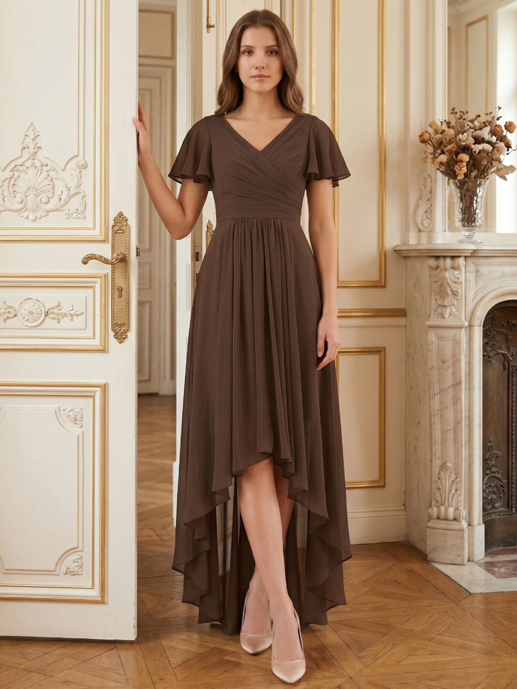 Mocha Chiffon A-Line V-Neck V-Back Asymmetrical Pleated Bridesmaid Dress