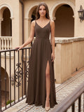 Mocha Chiffon A-Line V-Neck V-Back Floor-Length Bridesmaid Dress