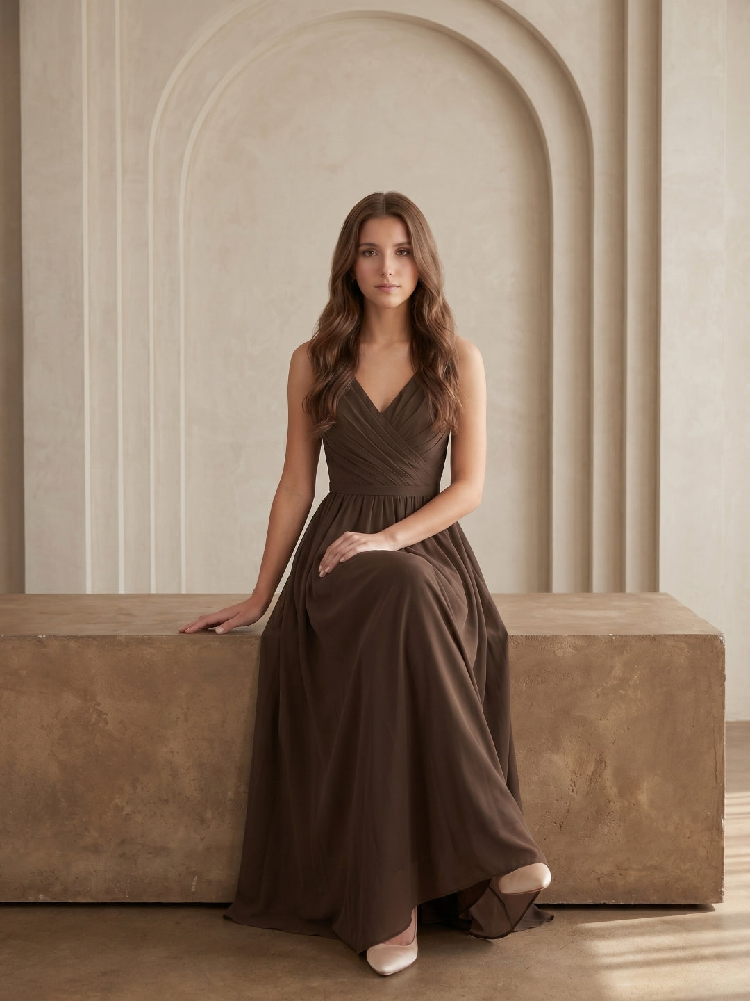 Mocha Chiffon A-Line V-Neck V-Back Floor-Length Bridesmaid Dress with Bow