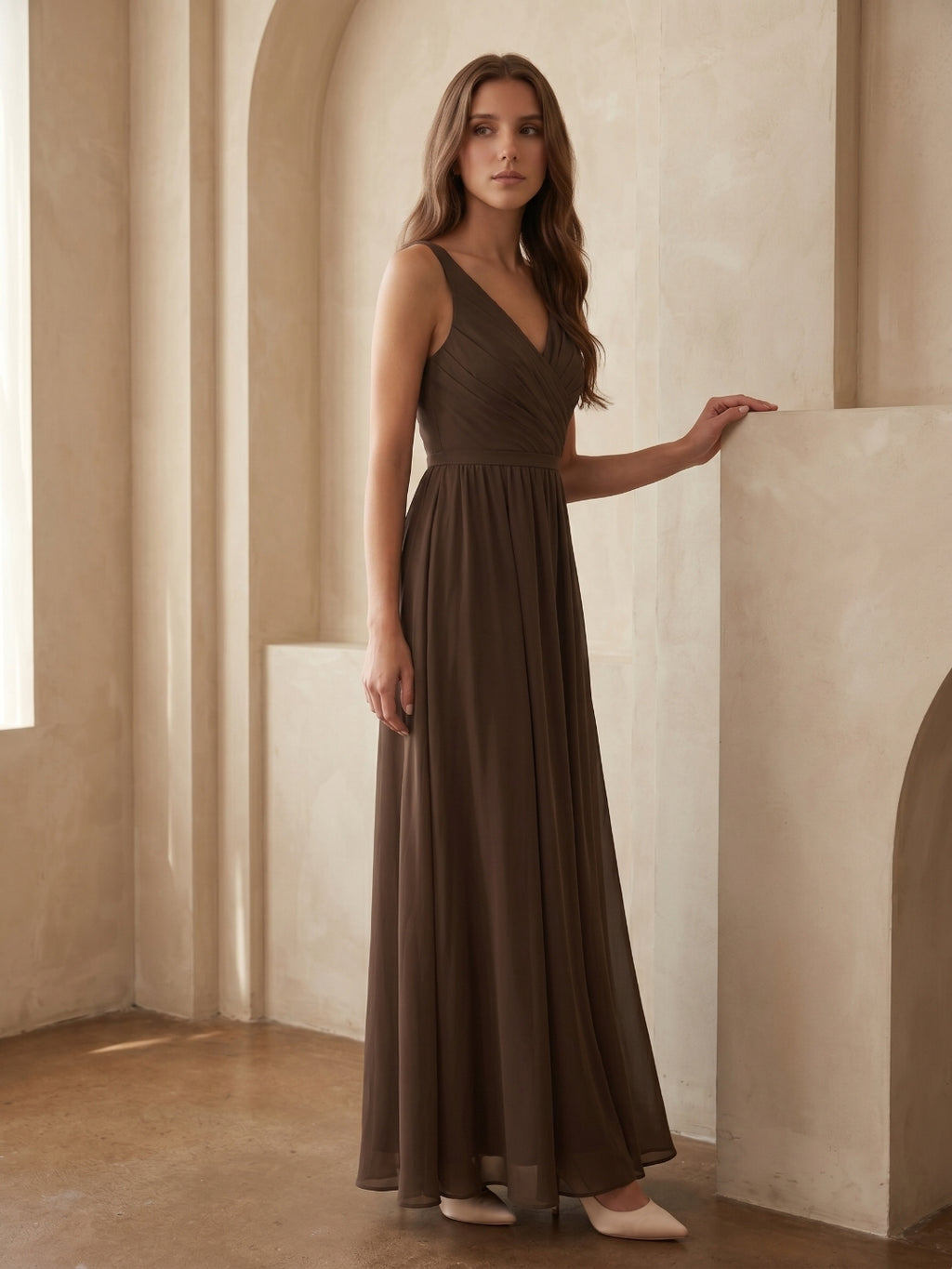 Mocha Chiffon A-Line V-Neck V-Back Floor-Length Bridesmaid Dress with Bow